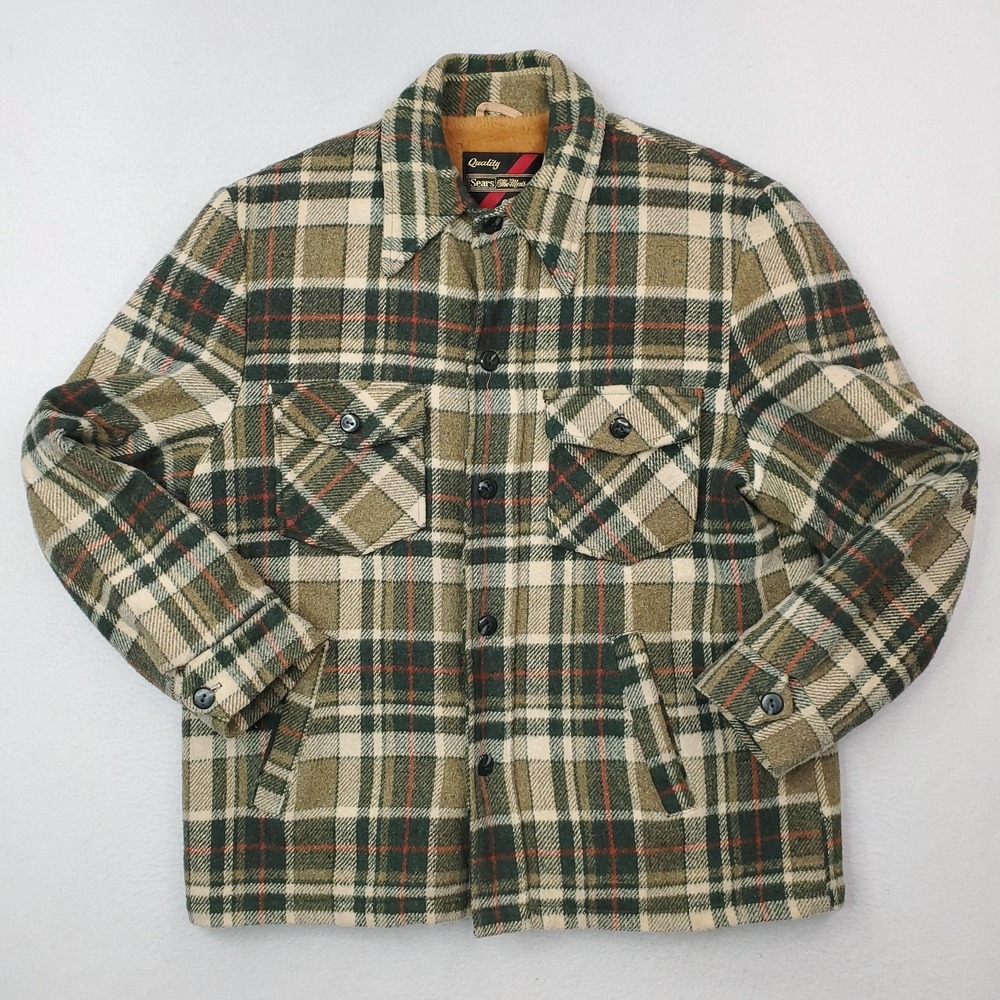 Vintage Sears Jacket Mens 42 Green Brown Plaid Wool Sherpa Lined Outdoor 70s